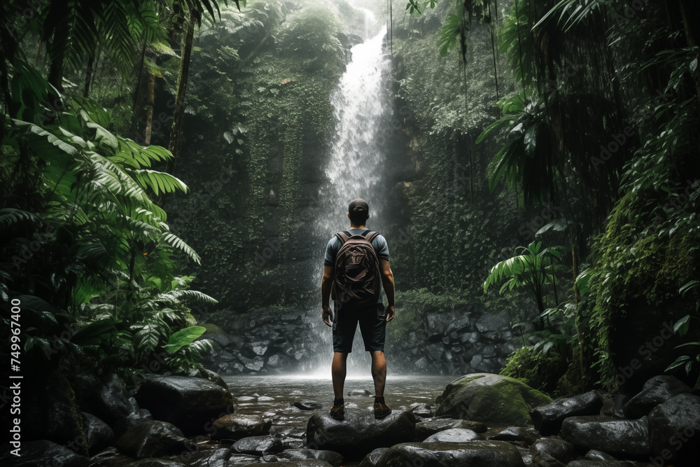 Explorer gazing at a majestic waterfall in lush forest