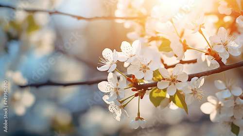 Sun Shine Through White Flowers On Branches