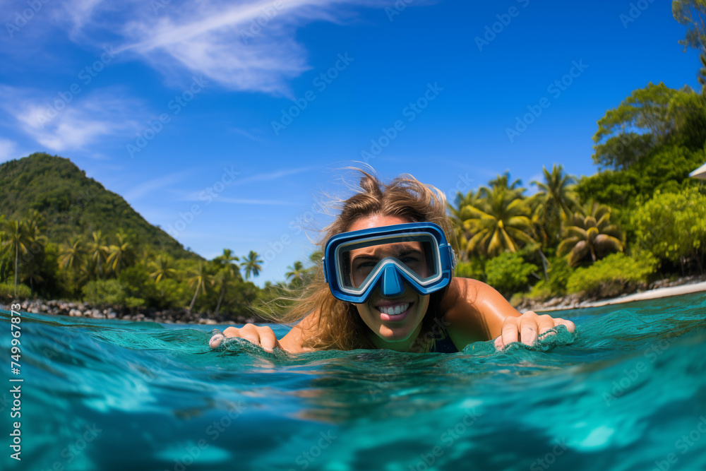 Joyful woman snorkeling in tropical waters
