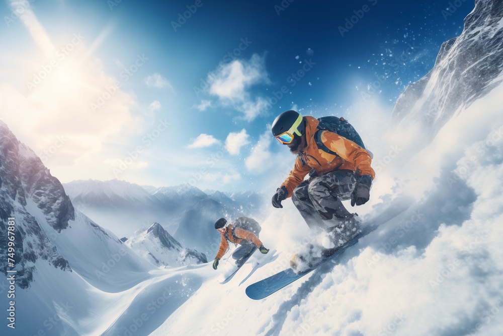 Thrilling snowboard adventure down mountain slope Thrilling snowboard adventure down mountain slope