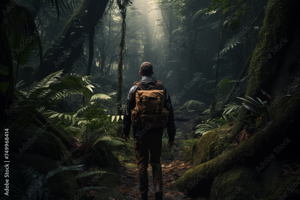 Explorer trekking through misty rainforest