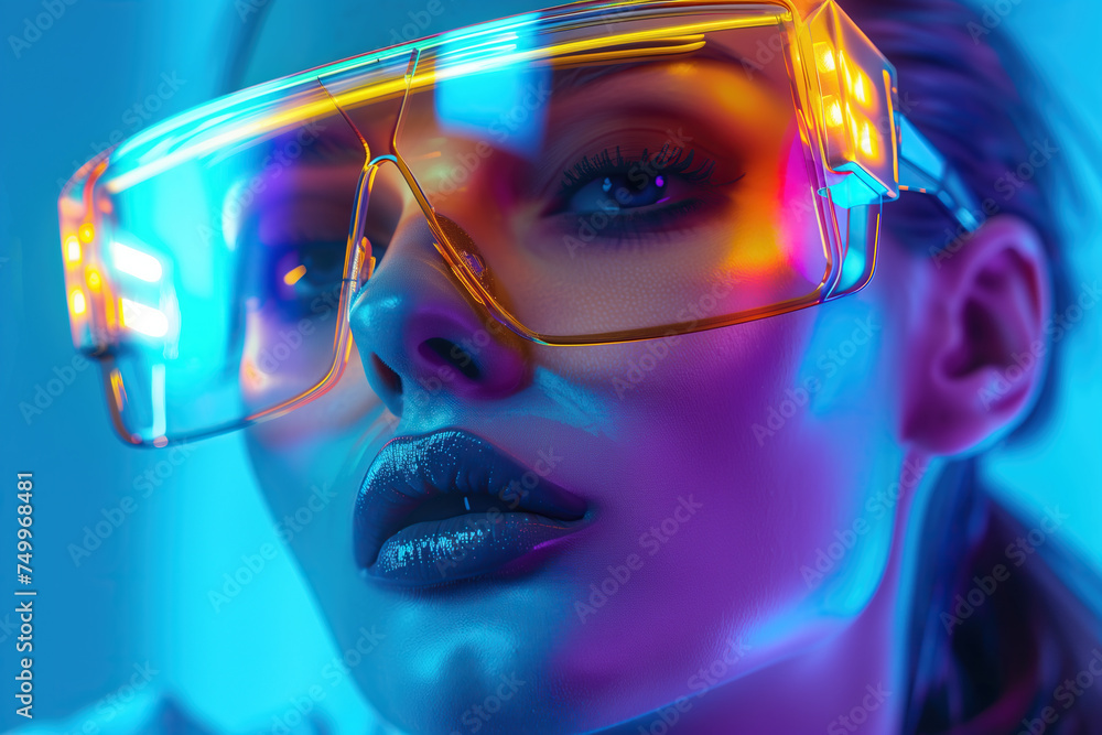 A girl wears neon glasses that glow with energetic colors, creating a playful and futuristic atmosphere. The essence of youthful style. Generative AI.