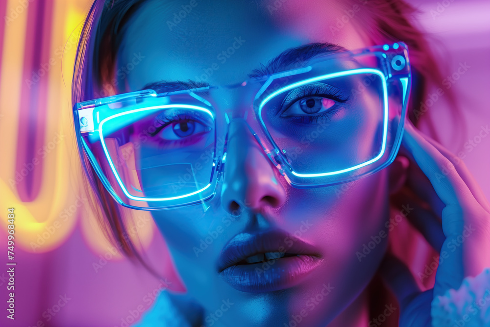 A girl wears neon glasses that glow with energetic colors, creating a playful and futuristic atmosphere. The essence of youthful style. Generative AI.