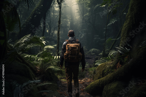Explorer trekking through misty rainforest