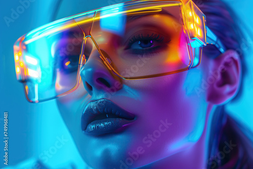 A girl wears neon glasses that glow with energetic colors, creating a playful and futuristic atmosphere. The essence of youthful style. Generative AI. © Nanthiwan