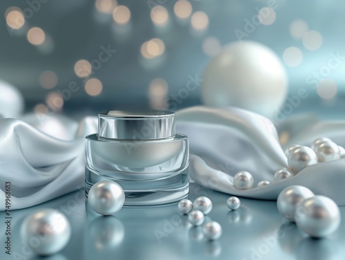 Elegant skincare cream jar surrounded by lustrous pearls on a silky background, symbolizing luxury and beauty
