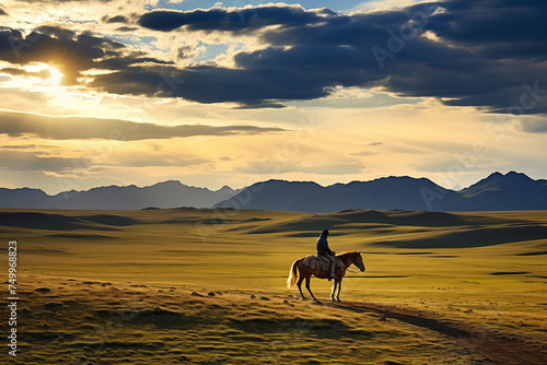 Lone rider at sunset in the vast plains © Татьяна Евдокимова