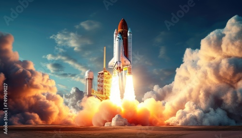New space rocket lift off. Space shuttle with smoke and blast takes off into space on a background of blue planet earth with amazing sunset. Successful start of a space mission. Travel to Mars 