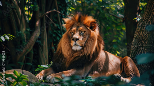 A lion resting on the ground in the midst of a dense forest  surrounded by trees and greenery