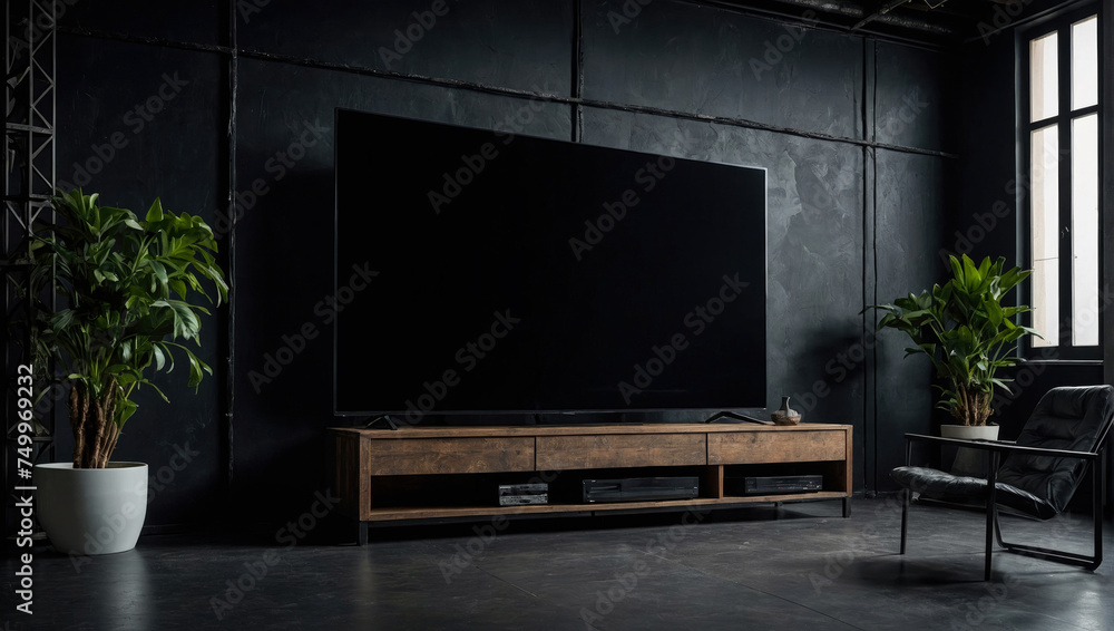 elegant modern apartment with sofa and a large television hanging on the wall and a large panoramic window elegant modern apartment with sofa and a large television hanging on the wall and a large panoramic window