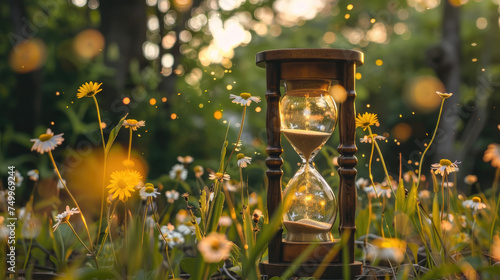 An hourglass stands in the center of a field filled with blooming daisies under the bright sunlight
