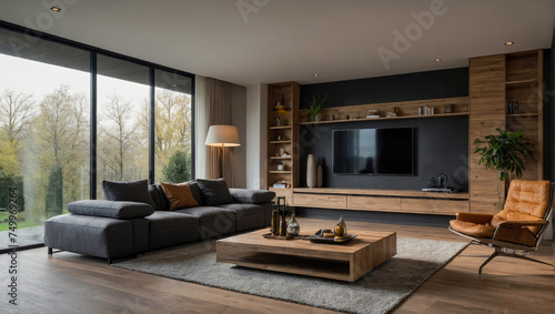 elegant modern apartment with sofa and a large television hanging on the wall and a large panoramic window © Marino Bocelli
