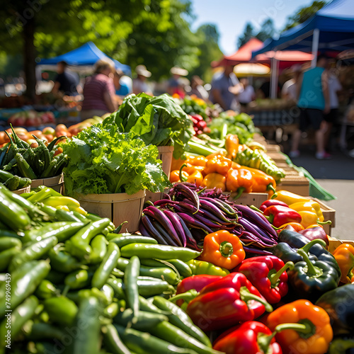 A bustling farmers market with colorful produce.