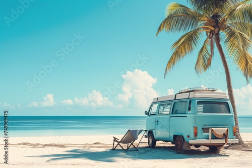 Ready for summer travel. Van and beach bed at the sea. Summer and holiday, road trip concept © Patcharaphon