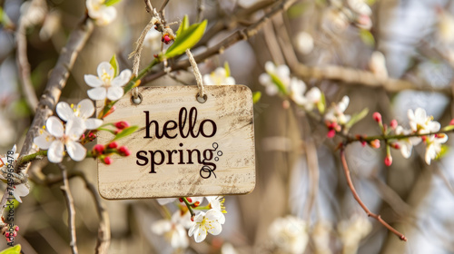 A sign that reads hello spring is hanging from a tree branch, announcing the arrival of the new season in a natural setting © sommersby