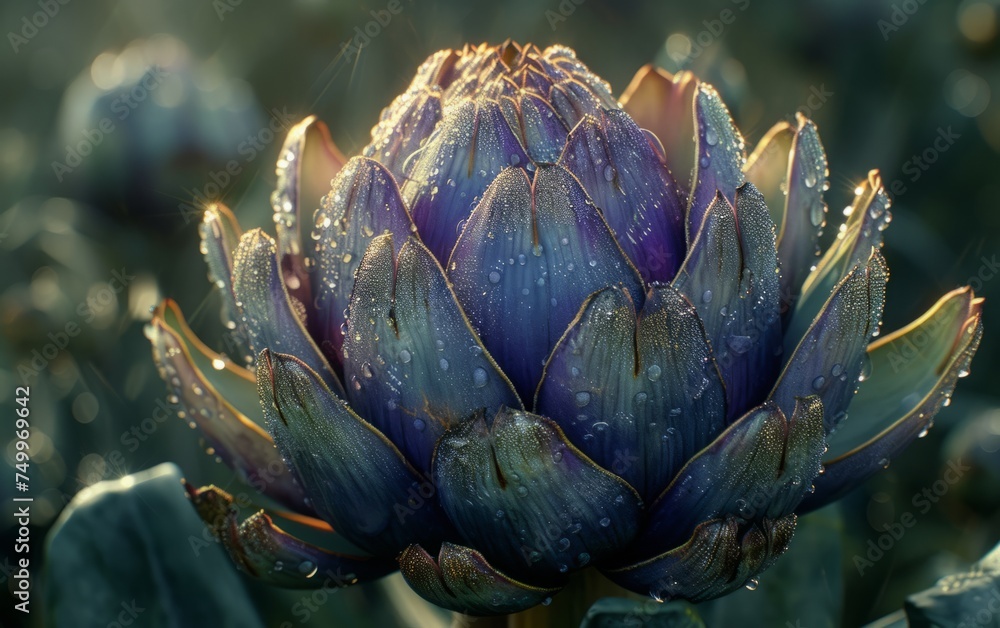 A macro shot capturing the intricate details and mesmerizing purple hues of an artichoke bloom A macro shot capturing the intricate details and mesmerizing purple hues of an artichoke bloom