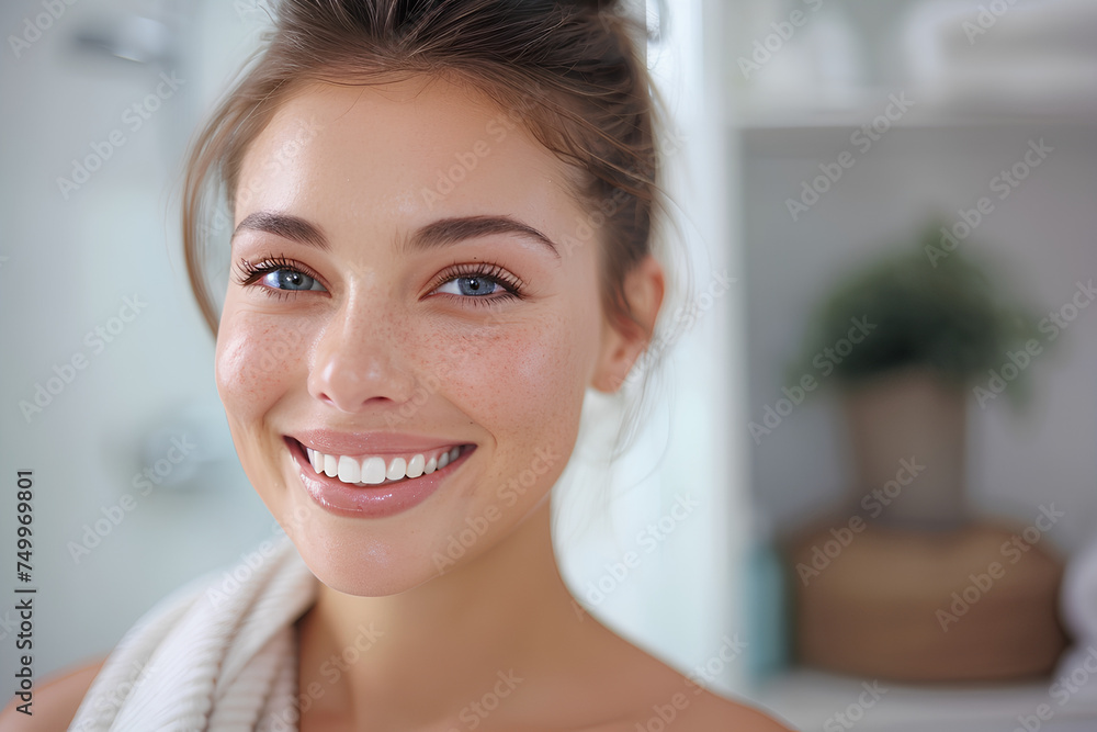 Skincare, happy and portrait of woman in bathroom with cosmetic, health and wellness treatment. Beauty, confident and young female person with natural facial dermatology routine for glow at apartment Skincare, happy and portrait of woman in bathroom with cosmetic, health and wellness treatment. Beauty, confident and young female person with natural facial dermatology routine for glow at apartment