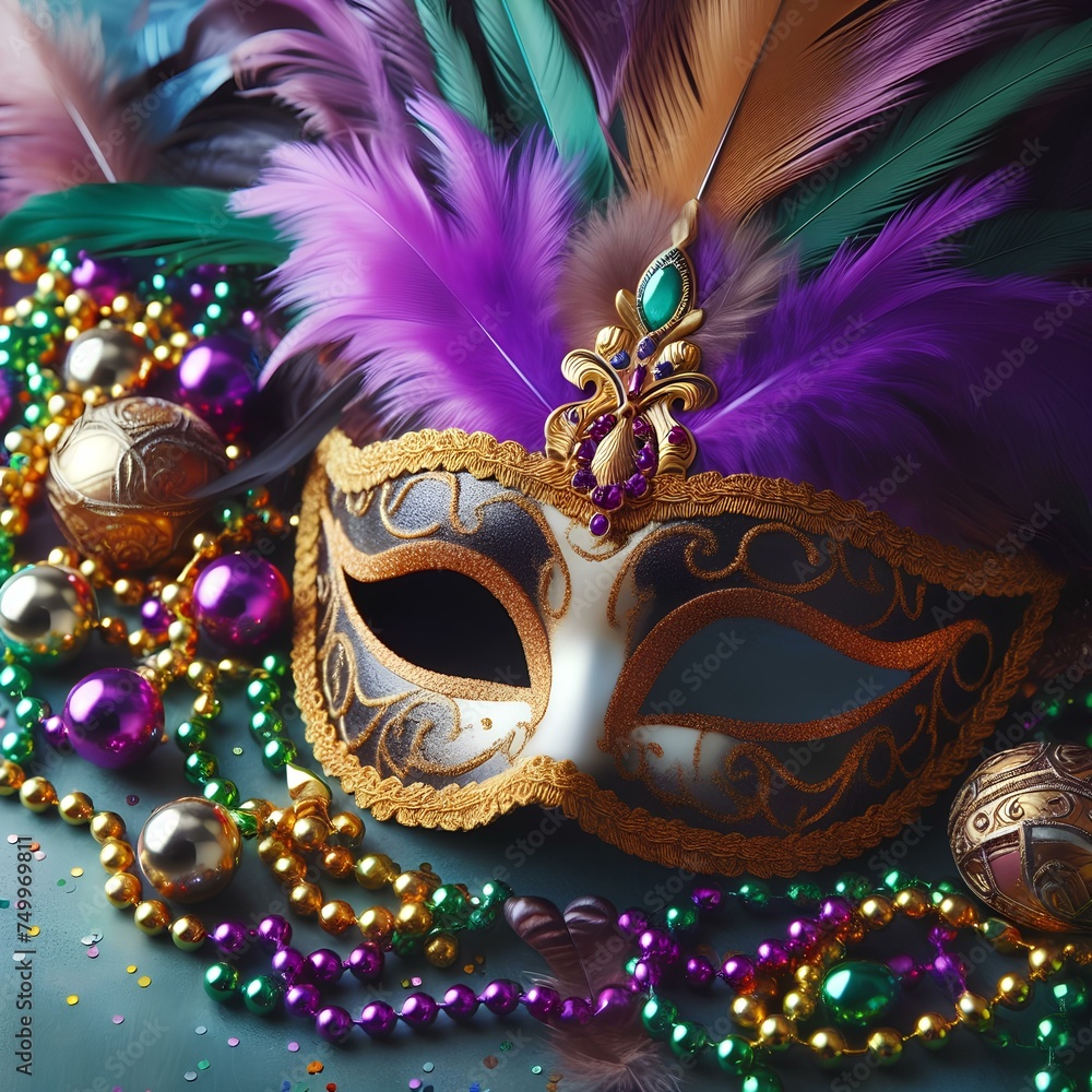 Mardi gras mask, beads and feathers background.