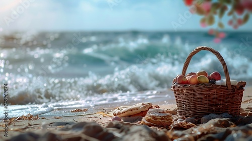 Beachside picnic with a basket of goodies and a view of the waves, with copy space