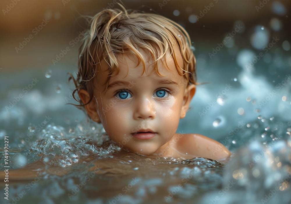Closeup of little boy wearing inflatable jacket looking up while swimming in pool and enjoying vacation during summer Closeup of little boy wearing inflatable jacket looking up while swimming in pool and enjoying vacation during summer