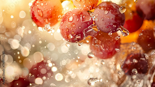 close up details of fresh red grapes with spash of water on bokeh background with copy space - AI Generated photo
