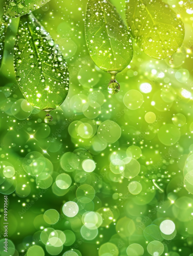 Green Background With Leaves and Water Drops