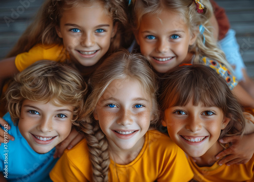 Group of joyful children peeping into camera