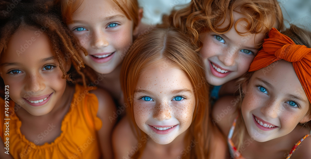 Fototapeta premium Group of joyful children peeping into camera