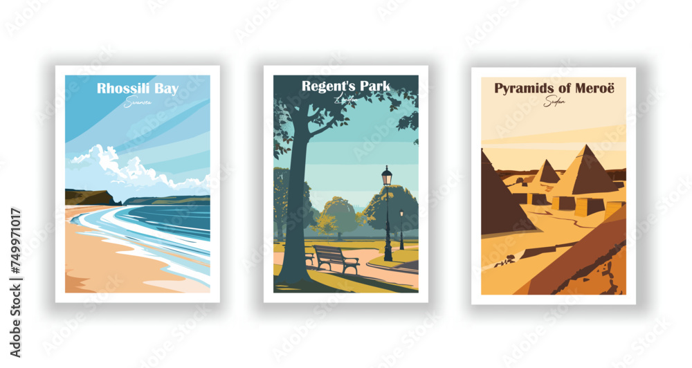 Pyramids of Meroë, Sudan. Regent's Park, London. Rhossili Bay, Swansea - Set of 3 Vintage Travel Posters. Vector illustration. High Quality Prints