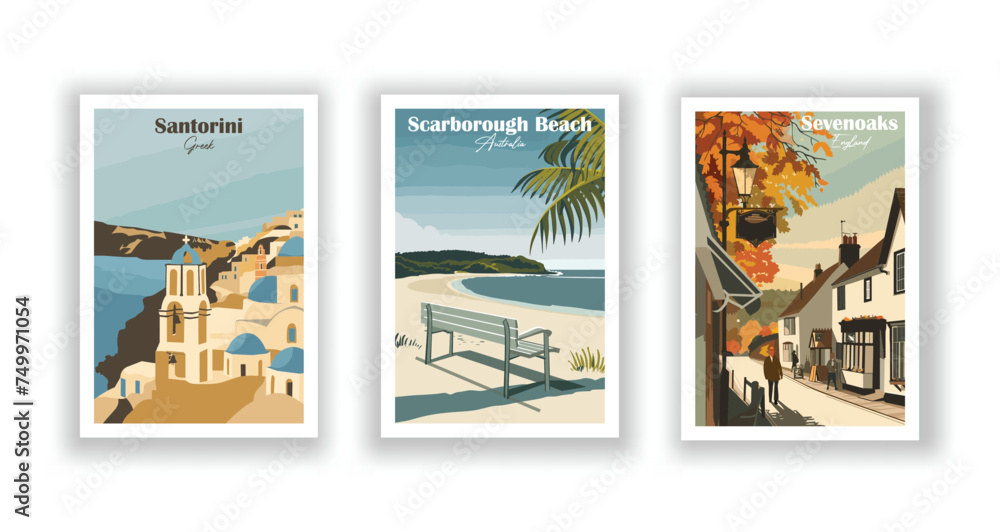 Santorini, Greek. Scarborough Beach, Australia. Sevenoaks, England - Set of 3 Vintage Travel Posters. Vector illustration. High Quality Prints