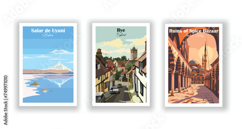 Ruins of Spice Bazaar, Istanbul, Turkey. Rye, England. Salar de Uyuni, Bolivia - Set of 3 Vintage Travel Posters. Vector illustration. High Quality Prints