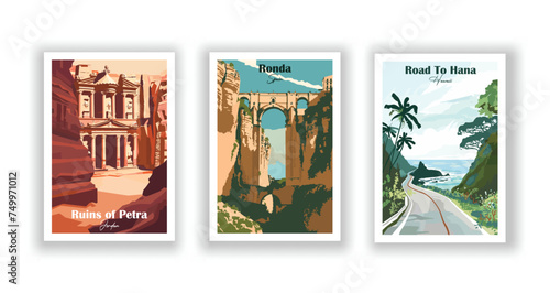 Road To Hana, Hawaii. Ronda, Spain. Ruins of Petra, Jordan - Set of 3 Vintage Travel Posters. Vector illustration. High Quality Prints