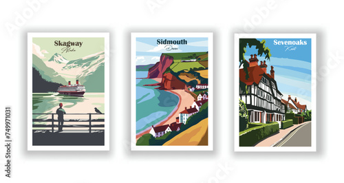 Sevenoaks, Kent. Sidmouth, Devon. Skagway, Alaska - Set of 3 Vintage Travel Posters. Vector illustration. High Quality Prints