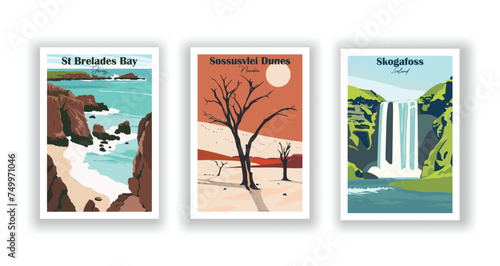 Skogafoss, Iceland. Sossusvlei Dunes, Namibia. St Brelades Bay, Jersey - Set of 3 Vintage Travel Posters. Vector illustration. High Quality Prints photo