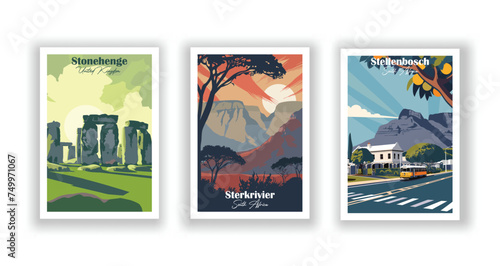 Stellenbosch  South Africa. Sterkrivier  South Africa. Stonehenge  United Kingdom - Set of 3 Vintage Travel Posters. Vector illustration. High Quality Prints