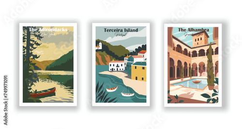 Terceira Island, Portugal. The Adirondacks, New York. The Alhambra, Granada, Spain - Set of 3 Vintage Travel Posters. Vector illustration. High Quality Prints