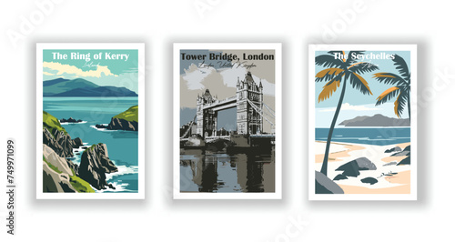 The Ring of Kerry, Ireland. The Seychelles, East Africa. The Tower Bridge, London, United Kingdom - Set of 3 Vintage Travel Posters. Vector illustration. High Quality Prints