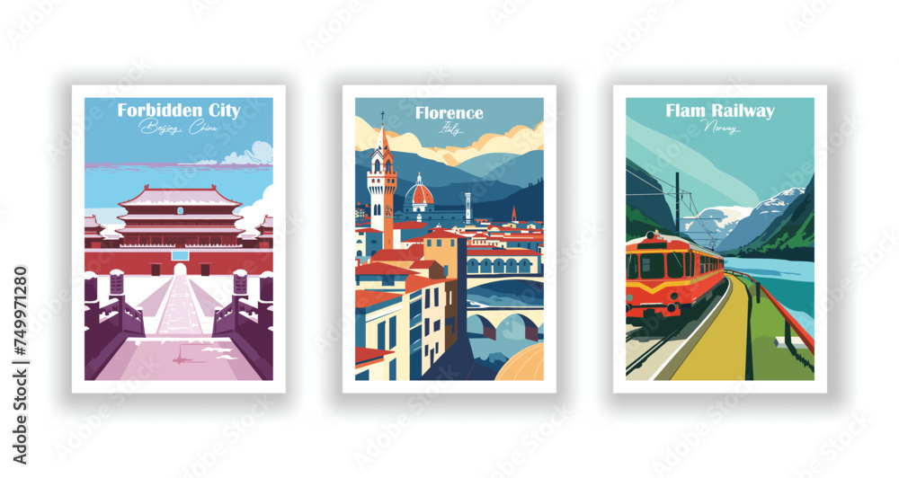 Flam Railway, Norway. Florence, Italy. Forbidden City, Beijing, China - Set of 3 Vintage Travel Posters. Vector illustration. High Quality Prints