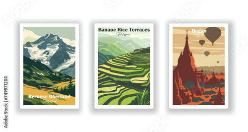 Bagan, Myanmar. Banaue Rice Terraces, Philippines. Bernese Oberland, Switzerland - Set of 3 Vintage Travel Posters. Vector illustration. High Quality Prints