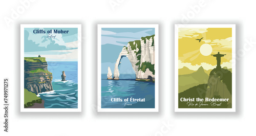 Christ the Redeemer, Rio de Janeiro, Brazil. Cliffs of Étretat, France. Cliffs of Moher, Ireland - Set of 3 Vintage Travel Posters. Vector illustration. High Quality Prints