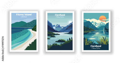 Fiordland National Park, New Zealand. Fiordland, National Park. Fitzroy Island, Australia - Set of 3 Vintage Travel Posters. Vector illustration. High Quality Prints