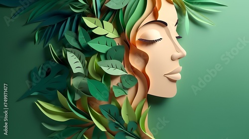 Beauty woman face with flower and green leaf photo