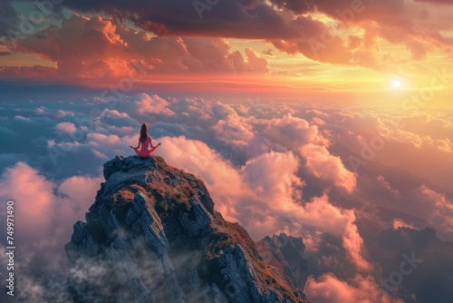 Vibrant and energetic woman practicing yoga on a mountain peak during a beautiful sunset