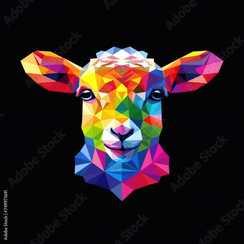 Portrait rainbow lamb black background, polygon design for printing on a T-shirt, mug, notebook photo