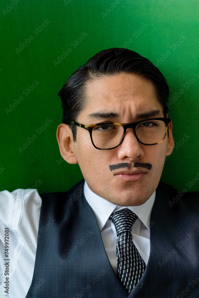 Eccentric Latin man wearing glasses making facial expression looking at camera on the green background Eccentric Latin man wearing glasses making facial expression looking at camera on the green background