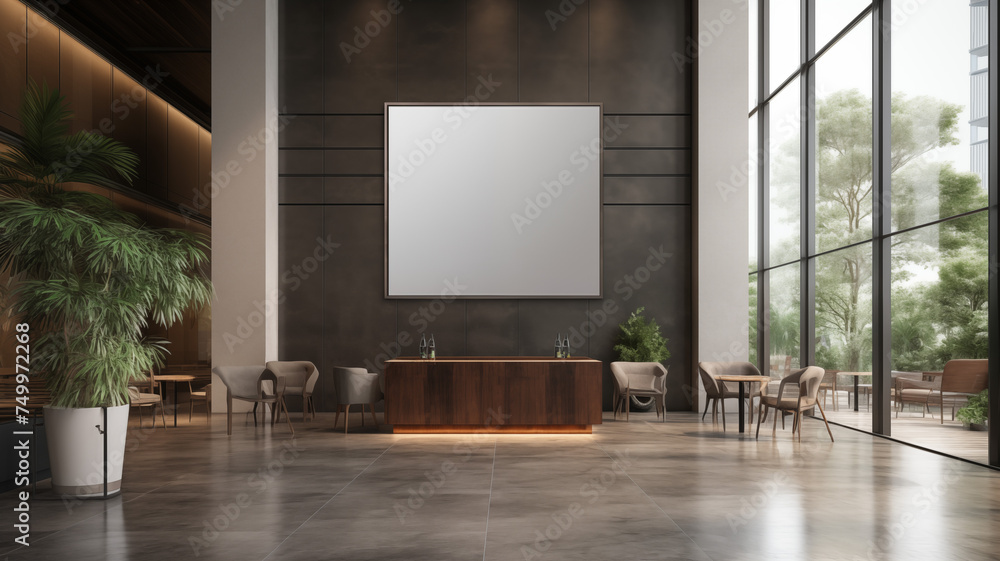 A lobby sign mockup in a corporate building, showcasing professionalism and brand identity. A lobby sign mockup in a corporate building, showcasing professionalism and brand identity.