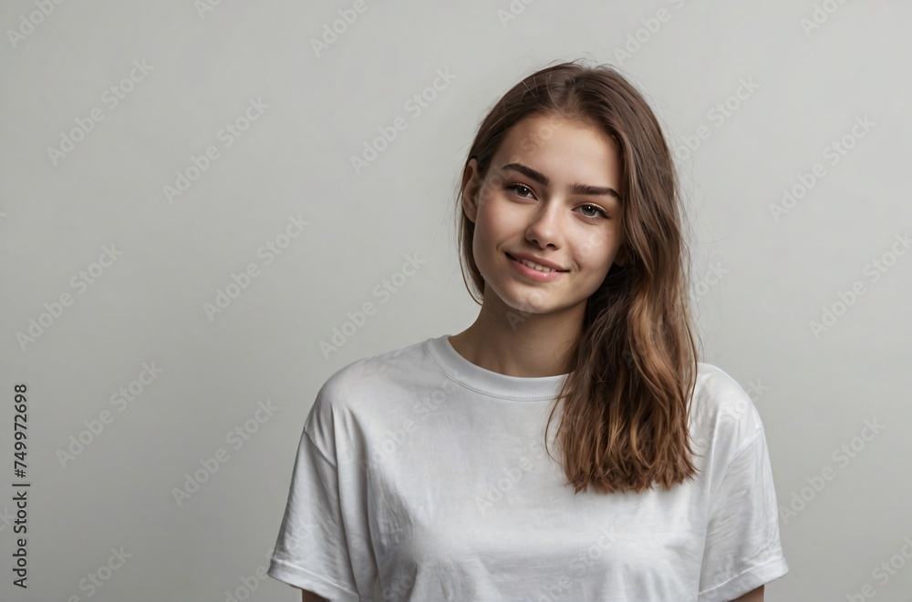 Fototapeta premium Beautiful blonde woman in photography pose on light background