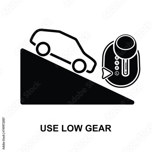 Use low gear icon. Transmission car vehicle downhill isolated on background vector illustration.