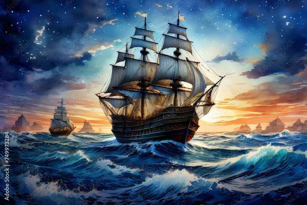 large sailing ship in the middle of the ocean - obrazy, fototapety, plakaty 