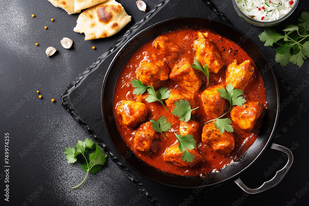 Spicy chicken curry served with flatbread garnished with cilantro.